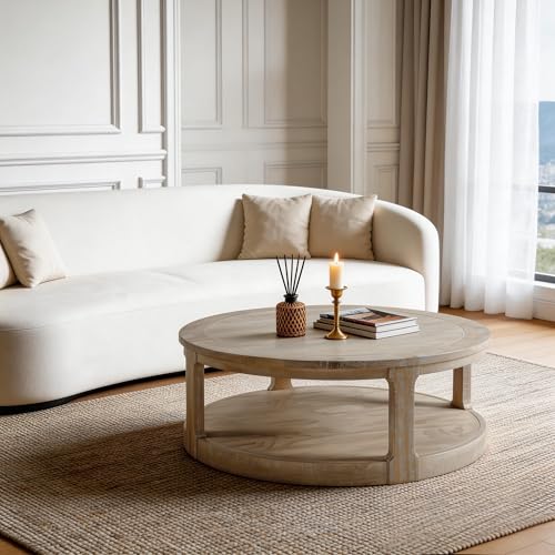 40" Round Coffee Table with Wheels, Circle 2 Tier Solid Wood Center Coffee Table, Mid Century Retro Farmhouse Rounded End Table for Living Room Apartment, ø40 x 17.52" H (Oak) - color: D-40" Oak