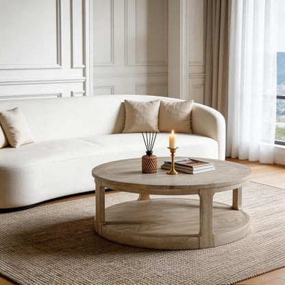 40" Round Coffee Table with Wheels, Circle 2 Tier Solid Wood Center Coffee Table, Mid Century Retro Farmhouse Rounded End Table for Living Room Apartment, ø40 x 17.52" H (Oak) - color: D-40" Oak
