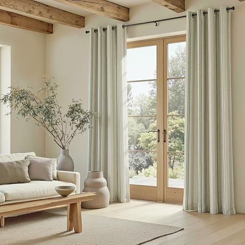 MYSKY HOME Green Striped Curtains 63 Inches Long for Bedroom 100% Blackout Ticking Stripe Pinstripe Patterned Linen Double Layer Curtains Farmhouse Drapes, Grommet, 2 Panels, 52" Wide - color: Green/Blackout, size: 52"W x 63"L (Pack of 2)