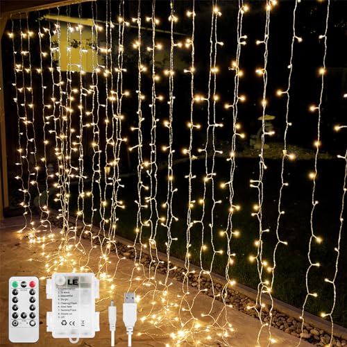 LE Fairy Curtain Lights Battery or USB Plug in, 9.8 x 9.8 ft Curtain of String Lights with Remote, 300 LED Indoor Outdoor Decorative Christmas Twinkle Lights for Bedroom, Patio, Party Wedding Backdrop | 10x10ft 300 LED Hanging Twinkle String Lights with R