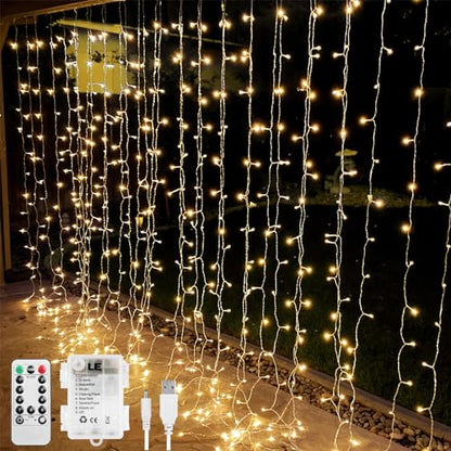LE Fairy Curtain Lights Battery or USB Plug in, 9.8 x 9.8 ft Curtain of String Lights with Remote, 300 LED Indoor Outdoor Decorative Christmas Twinkle Lights for Bedroom, Patio, Party Wedding Backdrop | 10x10ft 300 LED Hanging Twinkle String Lights with R