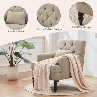 HUIMO Accent Chair, Tufted Upholstered Club Chair, Brown | Tufted upholstered club chair with lumbar pillow and solid wood legs. Suitable for living rooms, bedrooms, and reading nooks. - color: Light Brown
