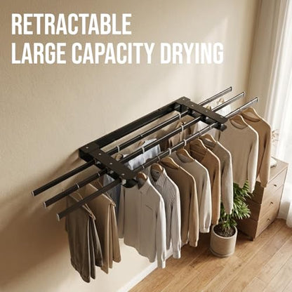 Wall Mounted Clothes Drying Rack Foldable for Bathroom, Retractable Space-Saving Laundry Hanger with Heavy Duty Carbon Steel Aluminum Frame, Indoor Storage Solution for Apartment Home