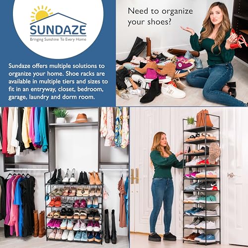 Sundaze Shoe Rack - 10 Tier Tall Shoe Rack for Closet, Sturdy Stackable Shoe Organizer for Closet, Bedroom, Entryway, Garage, Non Woven Fabric Shelf, Black, Holds 20-30 Pairs - size: 10 Tier (18.3" W)