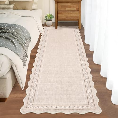 GarveeHome Scalloped Washable Rugs 2x6 Hallway Runner Rug Non Slip, Beige | Kitchen Rugs Soft Non Shedding Modern Low Pile Entryway Rug Stain Resistant Carpet for Bath Laundry Room Bedroom - color: Beige, size: 2' x 6' (Runner)