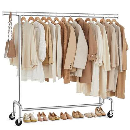 SONGMICS Clothes Rack with Wheels, Heavy-Duty Garment Rack with Extendable Hanging Rod, 286.6 lb Load Capacity, 17.7 x (43.3-59.1) x 64.1 Inches, Chrome-Plated, Silver UHSR11S - color: Silver, size: (43.3"-59.1")W