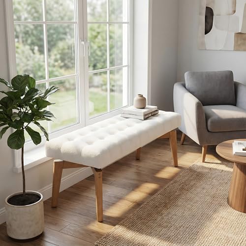 HNY White Upholstered Bench,End of Bed Bench | Entryway Bench Storage Bench Modern Tufted Floating Design Window Bench Seat for Living Room Indoor Hallway( Chenille) - color: White Chenille