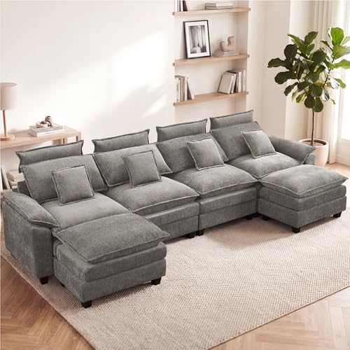 134'' U Shaped Sectional Couch, Cloud Deep Seat Sofa Couch with 2 Ottoman, Detachable Headrest, Oversized Modular 5 Seater Sofas for Living Room, Light Grey - color: Light Grey, size: U Shaped Couch