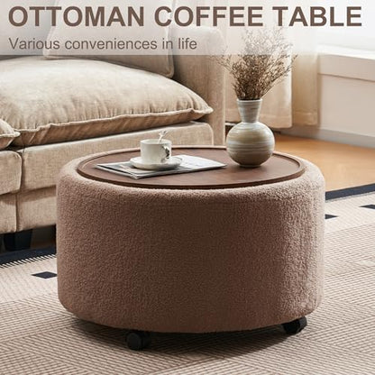 28 Inch Round Storage Ottoman with Wheels Set of 2, Multifunctional Coffee Table Ottoman with Removable Solid Wood Lid, Modern Circle Ottoman Foot Rest for Living Room, Bedroom, Brown - color: Brown