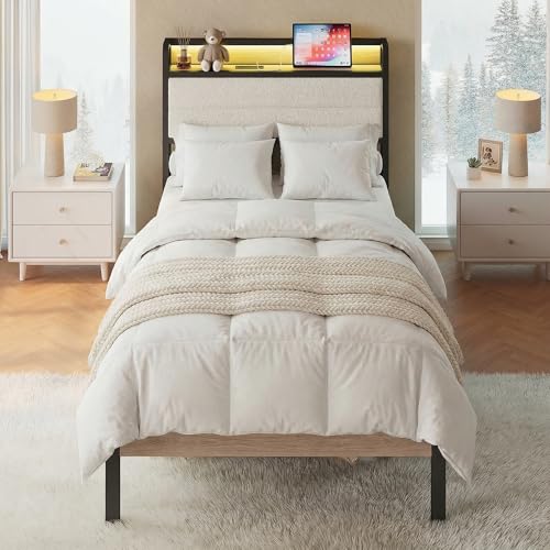 LIKIMIO Twin XL Bed Frame with Headboard, LED Lights and Charging Station | Upholstered sherpa storage headboard with LED & charger; heavy-duty slats; noise-free; modern elegance; natural and cream - color: Natural and Cream, size: Twin XL