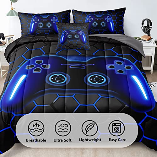 5 Pieces Gaming Bedding Set Twin Size for Boys Gamer Comforter Set for Boys Girls Kids Teens 5 Piece Bed in A Bag Video Game Bedding for Gamer Room Decorative Twin45 - color: Dark Blue, size: Twin