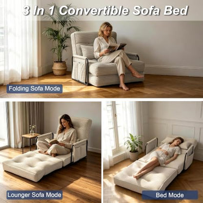 Futon Sofa Bed,Convertible Sofa Bed,Folding Boneless Couches | 3-in-1 Folding Sofa Bed,Boneless Couches for Living Room with Pillow & Side Pocket,High-density Foam,Single Sleeper,Beige - color: Beige, size: Single