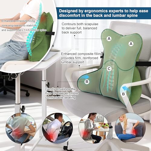 Lumbar Support Pillow(Pat. Pend) for Lower Back Pain Relief – Multi-Functional Ergonomic Lumbar Cushion, Reading Pillow for Office Chair, Car Seat & Sofa,Olive Green - color: Olive Green