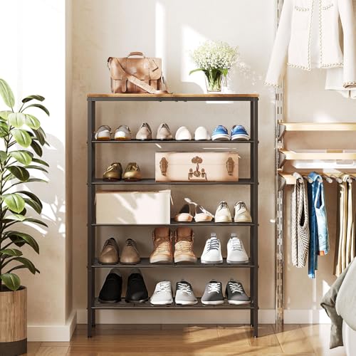 6-Tier Shoe Rack, Shoe Storage Organizer for Closet, Free Standing Shoe Organizer with Metal Mesh Shelves, 24 Pairs of Shoes, Rustic Brown and Black SS06BR - color: Rustic Brown + Black, size: 27.8" x 10.8" x 39.2"