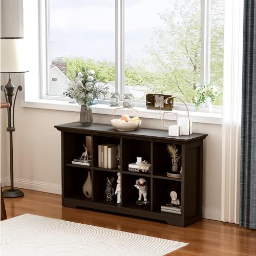 8-Cube Open Bookcase with Base, 2-Tier Low Cabinet, Black | Curved Base, Crown Molding, Fits 11×11" Bins, Modern Bookshelf for Living Room, Bedroom, Home Office, TV Stand Storage - color: Black, size: 8-Cube