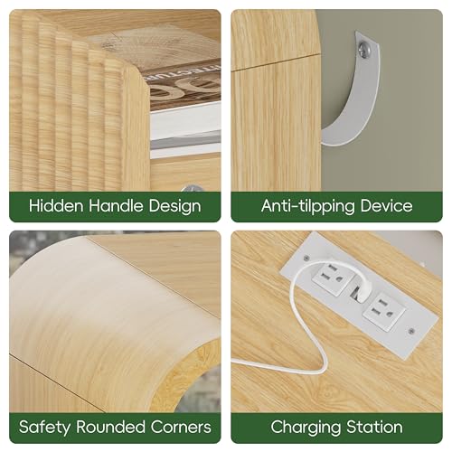 Natural Oak Nightstand with Charging Station, Mid Century Modern Bedside Table & End Table, Fluted Wood Small Night Stand with 2 Hidden Drawers and Storage Shelf for Bedroom - color: Natural Oak, style: 2 Drawers