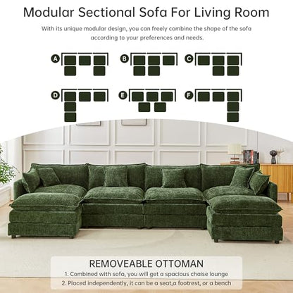 Modular Sectional Sofa, 147.2 Inch U Shaped Couch Set with Armrests, 4-Seater Comfy Cloud Couches with Movable Ottoman for Living Room Apartment, Green - color: Green, size: 147.2'' - U Shape
