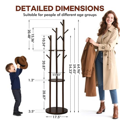 Freestanding Coat Rack, Solid Pine Wood Rotary Coat Tree with 3 Shelves and 9 Hanging Handles, Coat Hanger Stand for Bedroom, Entryway, Livingroom(Walnut Color)