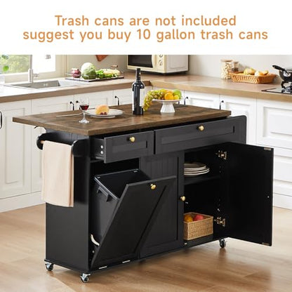 60" Kitchen Island with Power Outlet & Drop Leaf, Rolling Island with Spice Rack & Towel Rack, Kitchen Island Cart with Trash Storage Cabinet, Island Table for Kitchen, Black+Rustic Brown - color: Black+rustic Brown