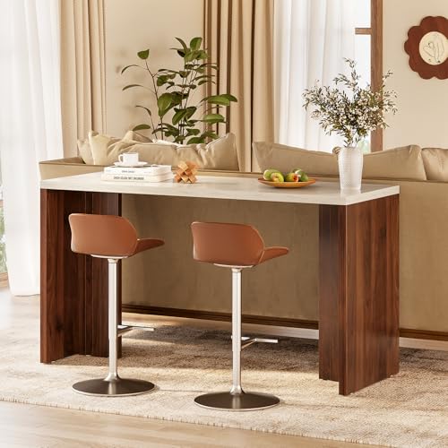 LITTLE TREE Home Bar Table, 55-Inch Long Counter Height Pub Table with a Faux Marble Finished Tabletop, Narrow Rectangular Indoor Bar Unit for Home, Kitchen, White & Walnut