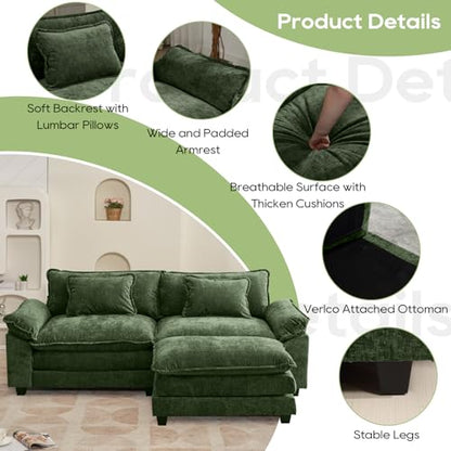 86" Modular Sectional Sofa, Comfy Deep Cloud Couch with Ottoman | L-Shaped Couches for Living Room, Modular Couch, Deep and Wide Seat, Chenille Sofa Sleeper with Throw Pillows, Green - color: Green, size: 86 Inch L