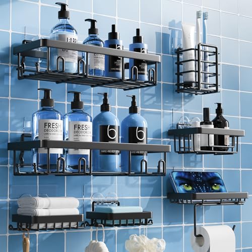 Shower Caddy 7 Pack, Adhesive Bathroom Shower Organizer for Bathroom Storage, No Drilling Large Capacity Rustproof Stainless Steel Shower Shelves Rack for Bath, Black - color: Black