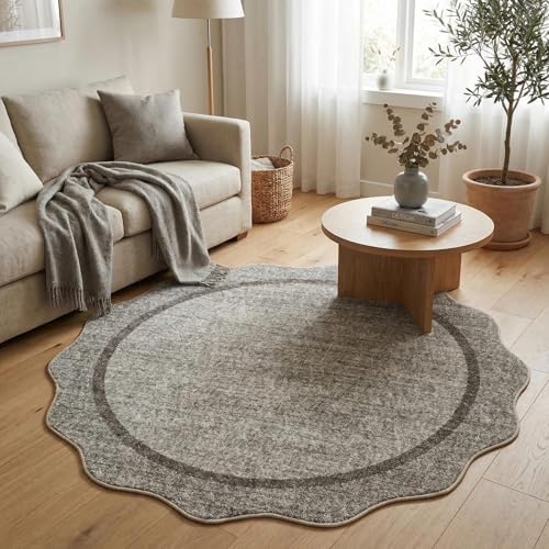 GarveeHome Scalloped Washable Small Round Rug 3 ft Non-Slip, Brown | Soft Christmas Solid Ultra-Thin Circle Low Pile Stain Resistant Carpet for Bedroom Entryway Kitchen Bathroom - color: Brown, size: 3' x 3' (Round)