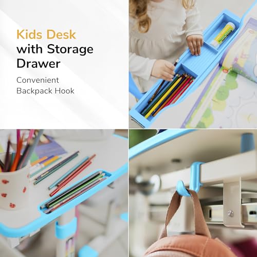 Mount-It! Kids Desk and Chair Set, Height Adjustable Sturdy, Kid Study Workstation and Chair Set for Boys, Home School, Arts, Drawing, Crafts, Ergonomic Childrens Storage Drawer Blue - color: Blue