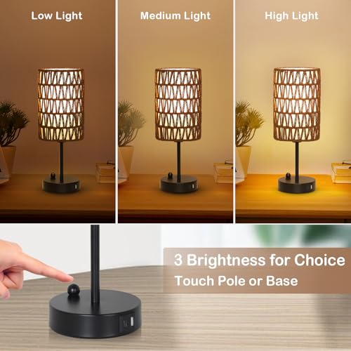 Bedside Lamps Set of 2, Touch Control Night Stand Lamp for Bedroom with Rattan & Linen Shade & Bulbs, 3 Way Dimmable Small Boho Table Lamps with USB Charging Port & Phone Stand (Coffee Color) - color: Coffee-2pack