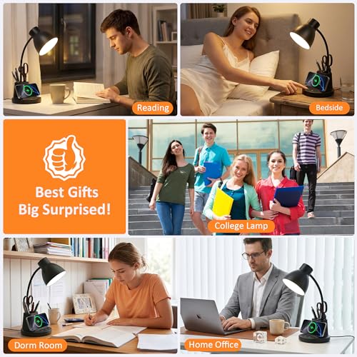 10W Wireless Charging LED Desk Lamp with Pen Holder, CRI 95, Black | 800LM, 3 Modes, 360°Flexible Arm, Touch, Brightness, Table Lamp for Home Office, Dorm, Bedside, Study, Reading, with Adapter - color: Black