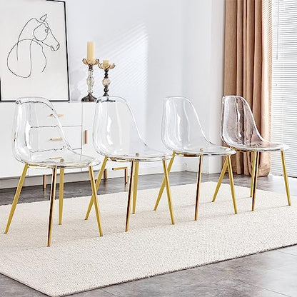 Baysitone Clear Dining Chairs Set of 4, Modern Kitchen Chairs with Transparent Seat, Acrylic Accent Side Chairs with Plating Metal Legs for Dining Room, Kitchen, Living Room with Gold - color: Golden, size: Set of 4