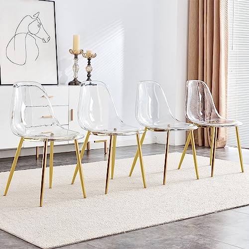 Baysitone Clear Dining Chairs Set of 4, Modern Kitchen Chairs with Transparent Seat, Acrylic Accent Side Chairs with Plating Metal Legs for Dining Room, Kitchen, Living Room with Gold - color: Golden, size: Set of 4