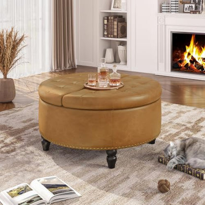 FiveWillowise 30 Inch Large Round Ottoman with Storage Circular,Camle | Leather Coffee Table with Lift Top,Modern Upholstered Button Tufted Footrest Stool Solid Wood Legs for Living Room,Bedroom - color: Camle