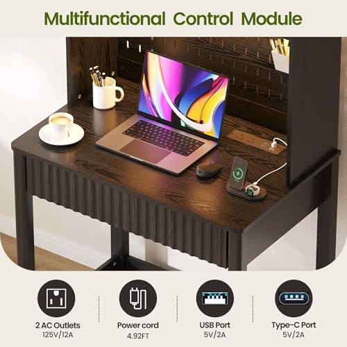 Lvifur Writing Desk with Power Outlet - Small Study Desk with LED Lights, Home Office Desk with Drawer & Hutch & Pegboard, Space Saving Study Table Work Station for Dorm, Living Room (Black) - color: Black86023