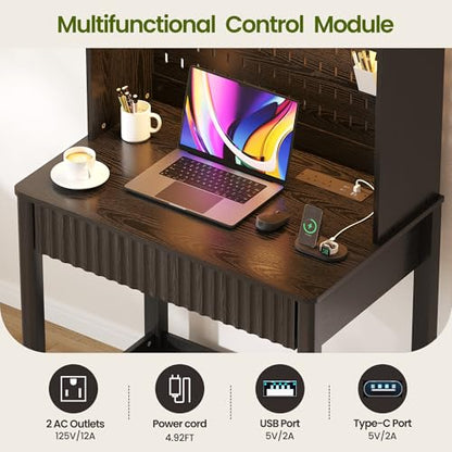 Lvifur Writing Desk with Power Outlet - Small Study Desk with LED Lights, Home Office Desk with Drawer & Hutch & Pegboard, Space Saving Study Table Work Station for Dorm, Living Room (Black) - color: Black86023