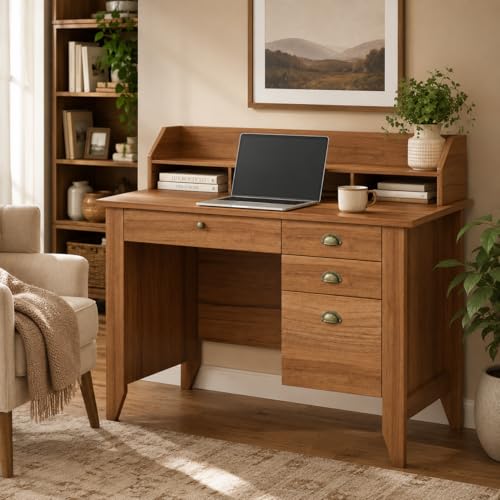 4 EVER WINNER Desk with Drawers, 47'' Small Desk with Monitor Stand and File Drawer, Computer Desk with Storage for Bedroom, Living Room, Small Spaces, Walnut - color: Brown