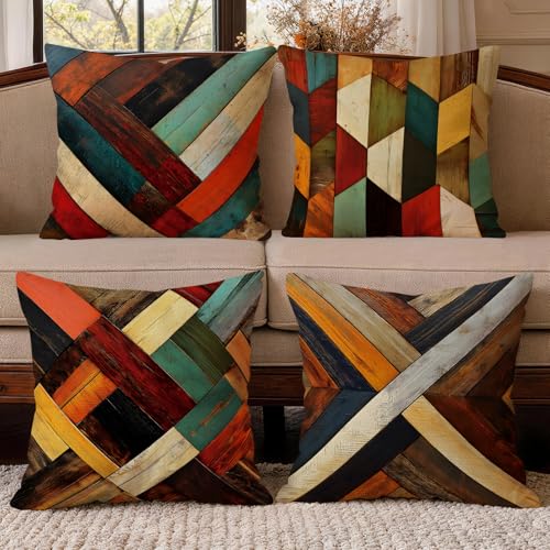 OBSEDE Retro Wood Grain Geometric Throw Pillow Covers 18 x 18 Inch Set of 4 | Faux Linen, Hidden Zipper, Rustic Country Style, Vintage Texture, Fade Resistant Print, for Living Room Sofa, Single Side - color: Retro Woodgrain Geometric Art, size: 18" x 18"