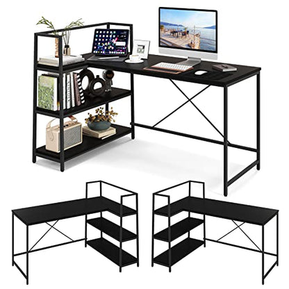 Tangkula Reversible L-Shaped Computer Desk, Space Saving Corner Desk with 3-Tier Storage Shelves & Metal Frame, Modern Executive Home Office Desk, PC Laptop Desk Workstation for Small Space (Black)