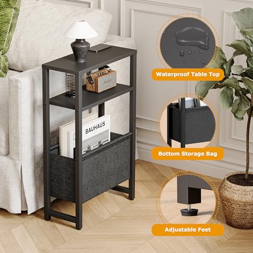 Narrow Side Table with Charging Station, Slim End Table with Magazine Rack, Bedside Table for Small Spaces, 3 Tier Sofa Couch Table Nightstand for Living Room, Bedroom, Black LET503BE - color: Black, style: With Charging Station