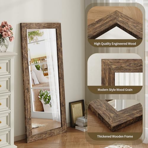 Syndra Modern Full Length Mirror Wood Frame, 56x20'' Large Floor Mirror with HD Tempered Glass & Wall Mount Option, Rectangular Standing Mirror for Bedroom, Living Room, Entryway, Farmhouse(Walnut) - color: Walnut, size: 56"L x 20"W
