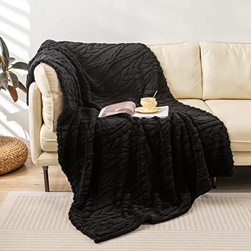 YUSOKI Sherpa Fleece Large Throw Blanket, Black, 50"x65" | 3D Stylish Design,320GSM, Non-Shedding, Lightweight for All Season Use, stays fluffy after repeated washes, Perfect Gifts - color: Black-(without Pillows), size: Throw (50" x 65")