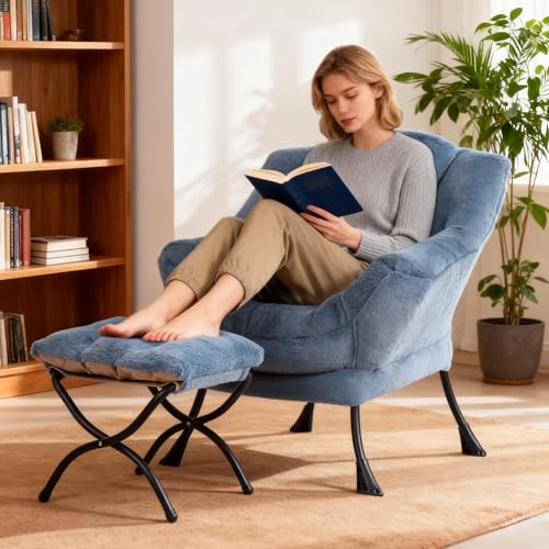 Modern Lazy Chair with Ottoman Lounge Accent Reading Chair for Living Room | Foldable Footstool,Removable Cover,Soft Padded Seat & Backrest,Upholstered Comfy Chair for Bedroom,Dorm,Office,Small Space - color: Plush Light Blue