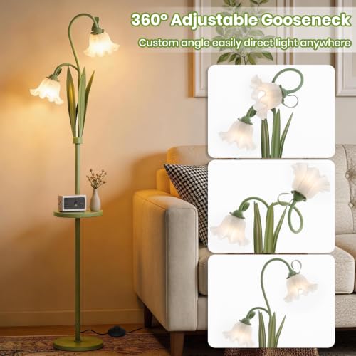 Funky Flower Floor Lamp with Table, Adjustable Gooseneck Floor Lamp with 3 Color Temperature, LED Bright Standing Lamp for Living Room, Bedroom, Corner, for Girl Women（Matcha Green） - color: Matcha Green