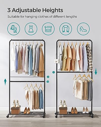 SONGMICS Clothes Rack with Wheels, Double-Rod Clothing Rack for Hanging Clothes, 25.4mm Metal Garment Rack with Dense Mesh Storage Shelf, 110 lb Load Capacity, 2 Brakes, Black UHSR027B01 - color: Black, style: Middle Rod