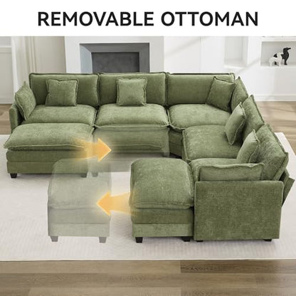 113'' V Shaped Cloud Sectional Sofa, Oversized Deep Seat Couches for Living Room, Chenille Comfy Upholstered Modular Sectional Sofa Couch with 2 Movable Ottoman, Green - color: Green, size: 113'' V Shaped+2 Ottoman