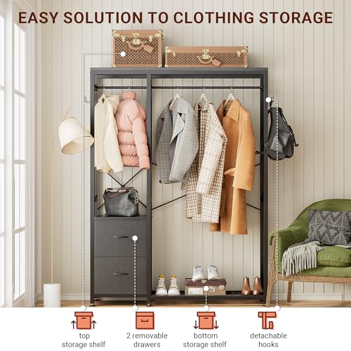 Clothes Rack with 2 Rods, Shelves, Drawers & Hooks, Garment Rack | Clothes rack with 2 hanging rods (50lbs each), 2 shelves, 2 fabric drawers & 4 hooks. 300lb total capacity. Fits small spaces - color: Black