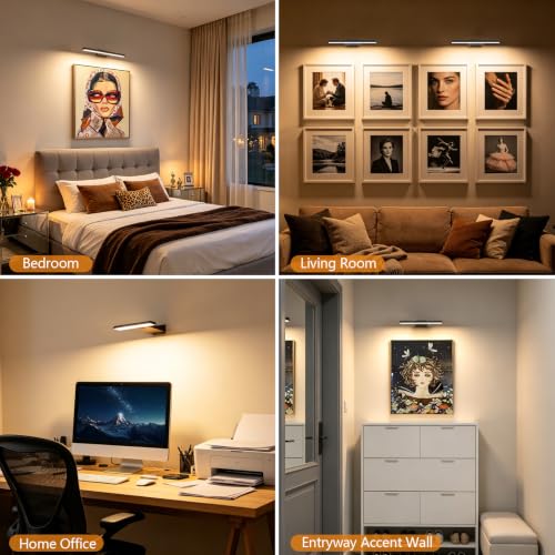 2 Pack Picture Lights for Wall, 6000mAh Battery Operated Wall Sconce with Remote, LED Lights for Pictures on Wall with Dimmable, No-Drill Cordless Picture Light for Frame, Gallery, Dartboard