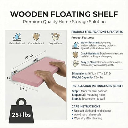 SAUMONIERES Floating Shelves Wall Shelf Solid Wood for Bathroom Bedroom Kitchen Set of 3, Pink Wall Shelves - color: Pink, size: 16 Inch-3 shelves