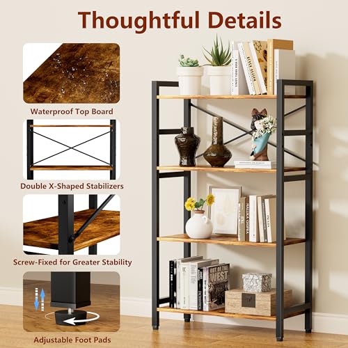 4 Tier Bookshelf,Storage Shelf with Steel Frame,Free Standing Open Book Shelves Storage Display Shelf - size: 4 Tier