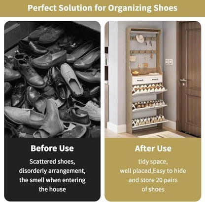 Resenko's Slim Shoe Storage Cabinet with 8 Hooks, Hidden Rack & 5 Drawers for Entryway, Hallway - color: White & Oak